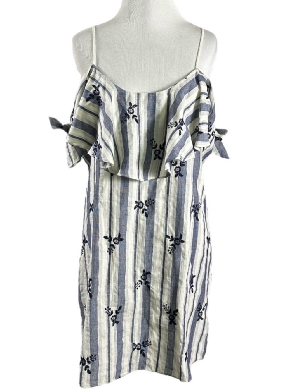 Misa Bohemian Dainty Nicolette Embroidered Striped Off Shoulder Dress Medium